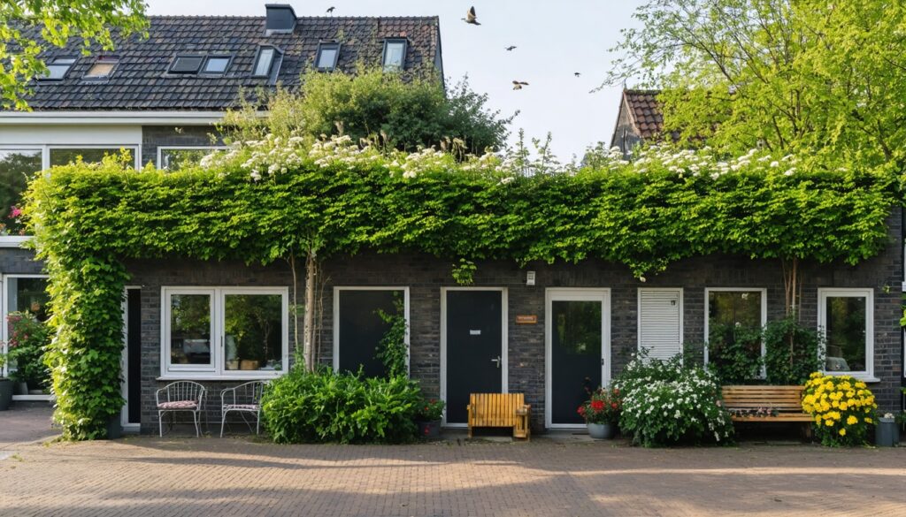 Vogelvriendelijke Nederlandse wijk met struiken, hagen en neststenen voor huismussen