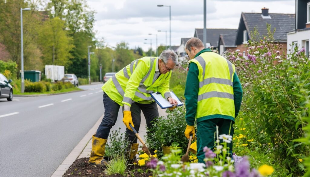 Medewerkers voeren ecologisch groenbeheer uit in een Nederlandse woonwijk