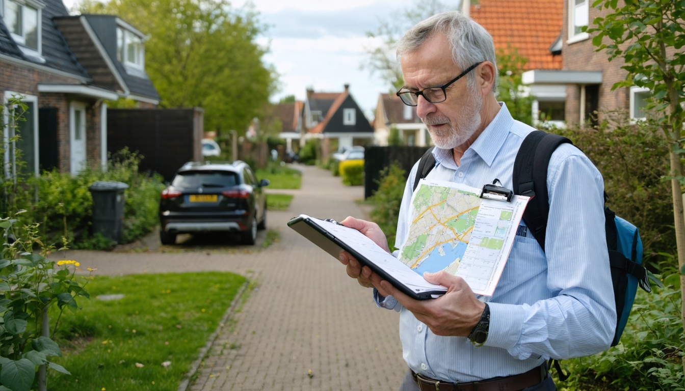 Ecoloog voert ecologische quickscan uit in Nederlandse woonwijk met tablet en kaart