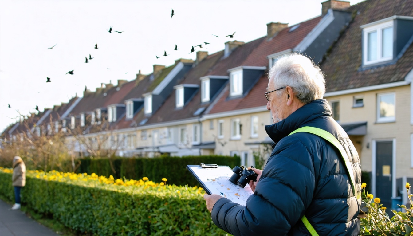 Ecoloog monitort huismussen in Nederlandse woonwijk met notitieboek en verrekijker